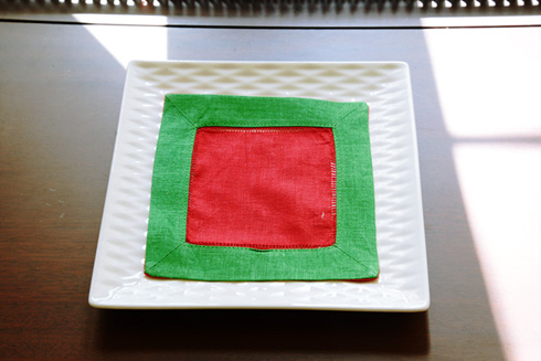 Multi Colored hemstitch Cocktail Napkin. Red & Kelly Green color